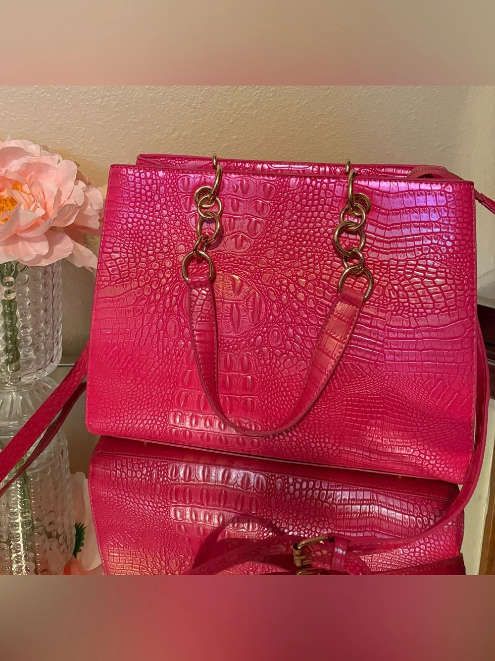 Hot Pink Croc-Embossed Tote Bag